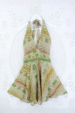 Sydney Mini Halter Dress - Moss Green & Gold Folky Floral - Vintage Sari - S/M