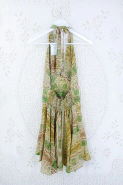 Sydney Mini Halter Dress - Moss Green & Gold Folky Floral - Vintage Sari - S/M -KIKIS Clothing Shop IMG 5290
