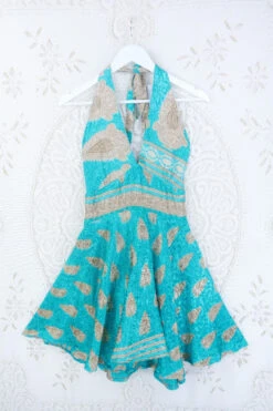 Sydney Mini Halter Dress - Sand & Turquoise Shimmer - Vintage Sari - S-M