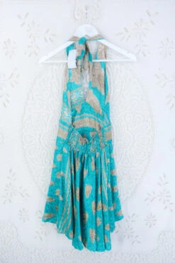 Sydney Mini Halter Dress - Sand & Turquoise Shimmer - Vintage Sari - S-M -KIKIS Clothing Shop IMG 5293 7c069428 8333 41fd a90d 112c7472c775