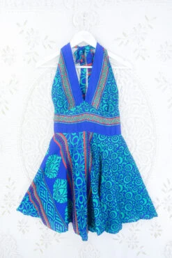Sydney Mini Halter Dress - Aqua, Scarlet & Indigo Geometric - Vintage Sari - S