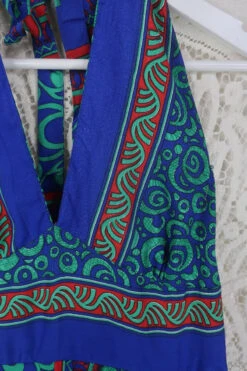 Sydney Mini Halter Dress - Aqua, Scarlet & Indigo Geometric - Vintage Sari - S -KIKIS Clothing Shop IMG 5297 70541e9b 1bb0 472a 8002 3d4ac863359d