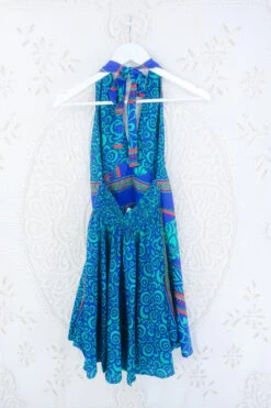 Sydney Mini Halter Dress - Aqua, Scarlet & Indigo Geometric - Vintage Sari - S -KIKIS Clothing Shop IMG 5298 0980d8e3 91ea 4df6 ab97 f3d18e5f31f0