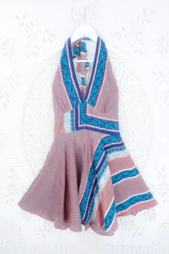 Sydney Mini Halter Dress - Terracotta & Turquoise Chevron - Vintage Sari - S-M
