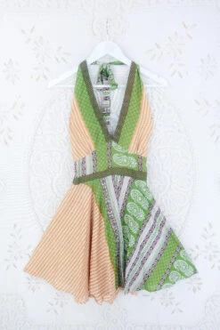 Sydney Mini Halter Dress - Ochre & Okra Geo Motif - Vintage Sari - S/M