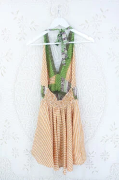 Sydney Mini Halter Dress - Ochre & Okra Geo Motif - Vintage Sari - S/M -KIKIS Clothing Shop IMG 5309