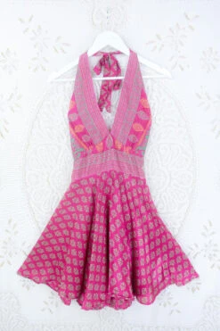 Sydney Mini Halter Dress - Glistening Pink Floral Motif - Vintage Sari - XS
