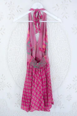 Sydney Mini Halter Dress - Glistening Pink Floral Motif - Vintage Sari - XS -KIKIS Clothing Shop IMG 5312