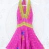 Sydney Mini Halter Dress - Fiery Pink Tropical Floral - Vintage Sari - S