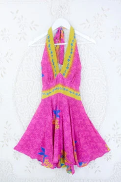 Sydney Mini Halter Dress - Fiery Pink Tropical Floral - Vintage Sari - S