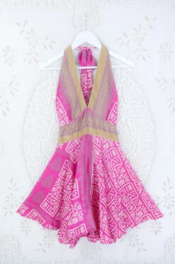 Sydney Mini Halter Dress - Mayan Gold & Pink - Vintage Sari - S/M
