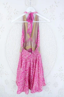 Sydney Mini Halter Dress - Mayan Gold & Pink - Vintage Sari - S/M -KIKIS Clothing Shop IMG 5318