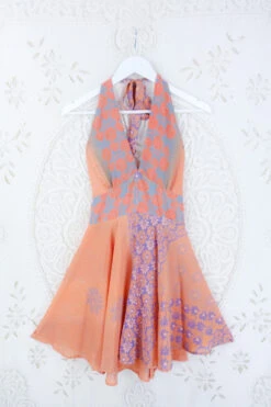 Sydney Mini Halter Dress - Sunset Peach - Vintage Sari - S/M