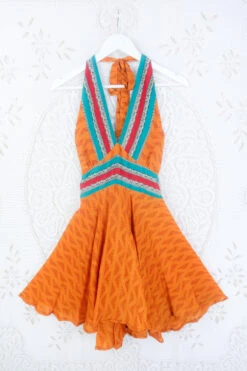 Sydney Mini Halter Dress - Tiger Orange Vibes - Vintage Sari - S
