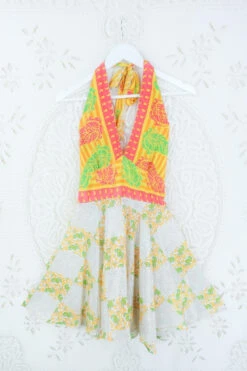 Sydney Mini Halter Dress - Sand & Yellow Vine Tiles - Vintage Sari - S