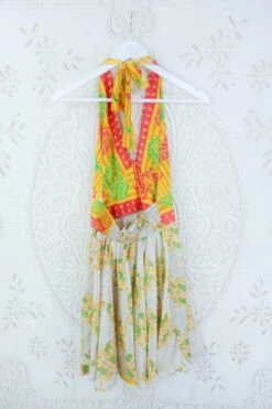 Sydney Mini Halter Dress - Sand & Yellow Vine Tiles - Vintage Sari - S -KIKIS Clothing Shop IMG 5331