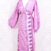 Lola Long Wrap Dress - Vintage Indian Sari - Blush & Violet Art Nouveau - M/L