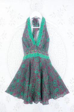 Sydney Mini Halter Dress - Burgundy & Emerald Floral - Vintage Sari - S/M