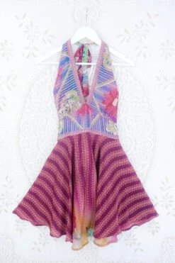 Sydney Mini Halter Dress - Sangria Ornate Floral - Vintage Sari - S/M