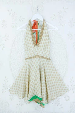 Sydney Mini Halter Dress - Cream & Gold Lotus - Vintage Sari - S/M
