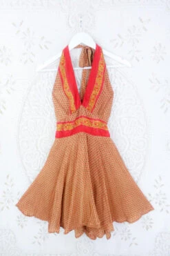 Sydney Mini Halter Dress - Sandstone & Crimson - Vintage Sari - S/M