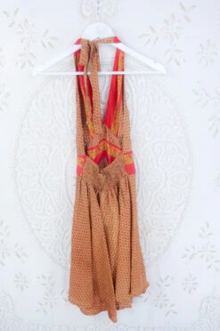 Sydney Mini Halter Dress - Sandstone & Crimson - Vintage Sari - S/M -KIKIS Clothing Shop IMG 5355
