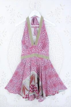 Sydney Mini Halter Dress - Rioja & Olive Floral - Vintage Sari - M/L