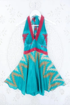 Sydney Mini Halter Dress - Lagoon Teal Graphic Print - Vintage Sari - S