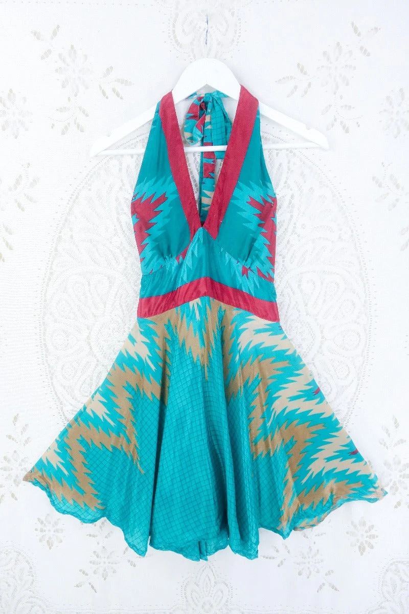 Sydney Mini Halter Dress - Lagoon Teal Graphic Print - Vintage Sari - S 1 Sydney Mini Halter Dress - Lagoon Teal Graphic Print - Vintage Sari - S