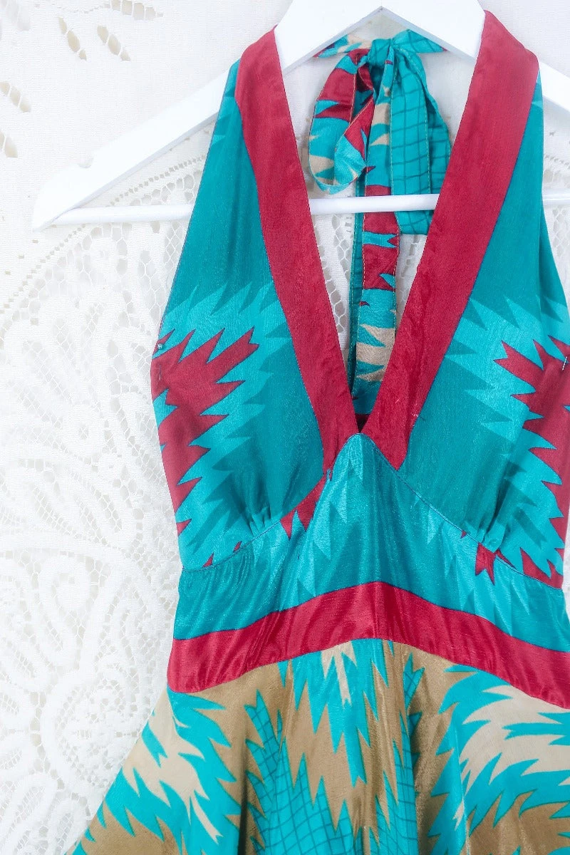 Sydney Mini Halter Dress - Lagoon Teal Graphic Print - Vintage Sari - S 2 Sydney Mini Halter Dress - Lagoon Teal Graphic Print - Vintage Sari - S - Image 2