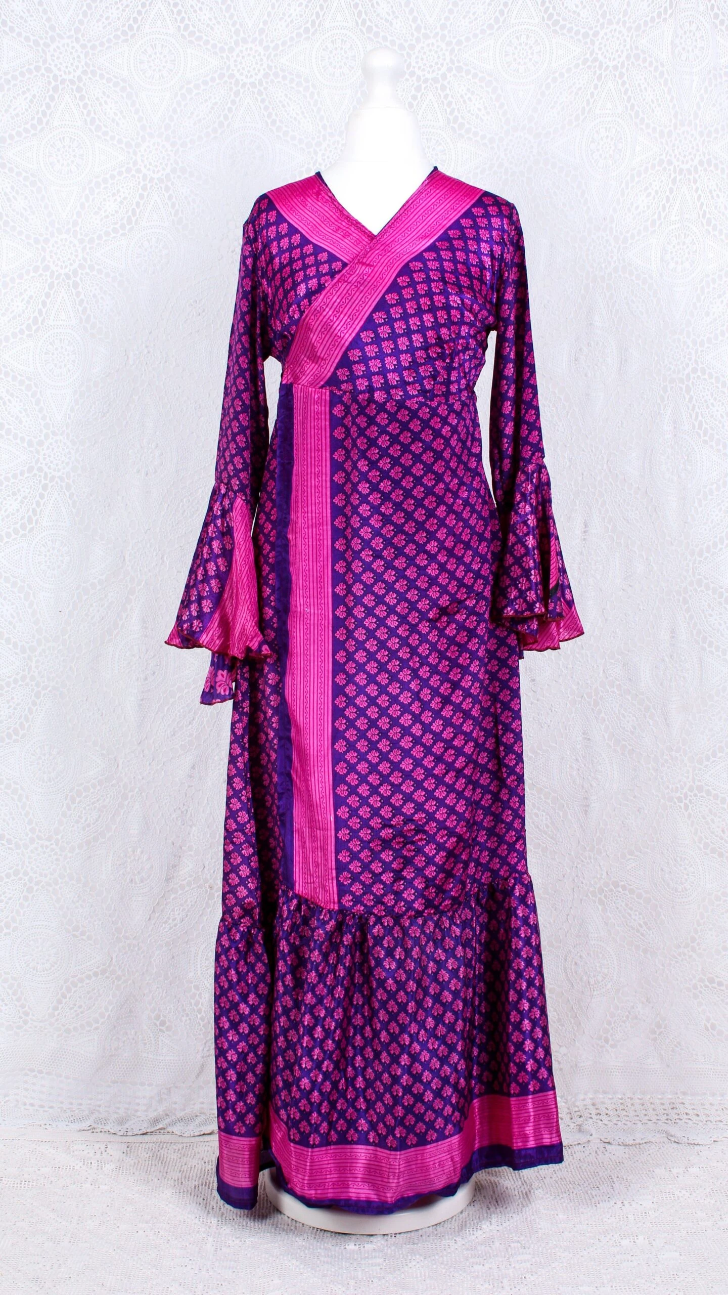 SALE Sylvia Wrap Dress - Vintage Indian Sari - Purple & Pink Floral (S/M - L) 2 SALE Sylvia Wrap Dress - Vintage Indian Sari - Purple & Pink Floral (S/M - L) - Image 2