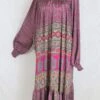 Mona Maxi Dress - Vintage Indian Sari - Magenta Pink & Sage - Free Size