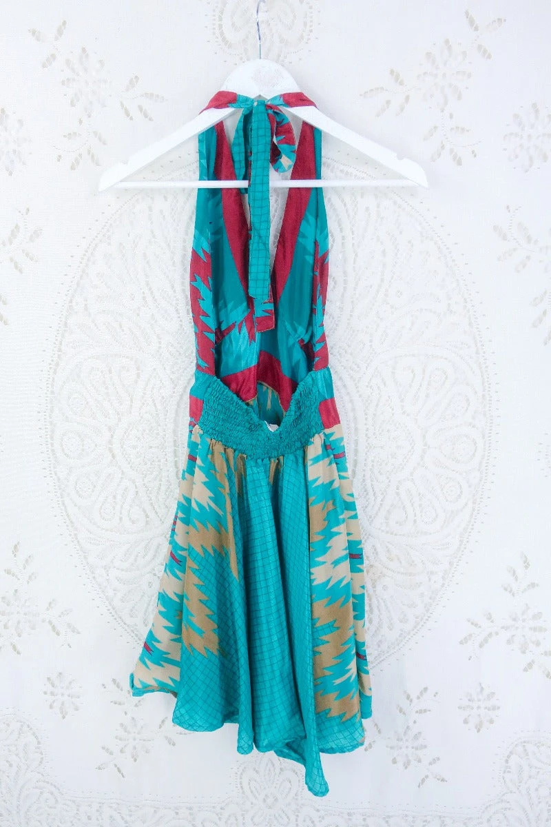 Sydney Mini Halter Dress - Lagoon Teal Graphic Print - Vintage Sari - S 3 Sydney Mini Halter Dress - Lagoon Teal Graphic Print - Vintage Sari - S - Image 3
