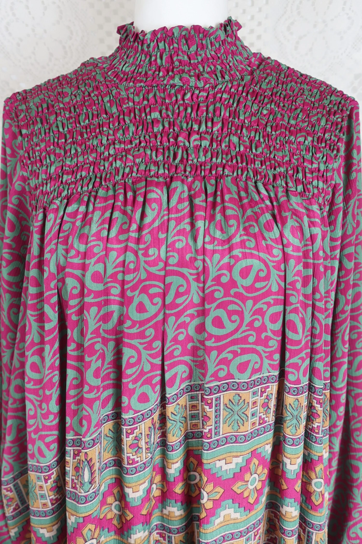 Mona Maxi Dress - Vintage Indian Sari - Magenta Pink & Sage - Free Size 3 Mona Maxi Dress - Vintage Indian Sari - Magenta Pink & Sage - Free Size - Image 3