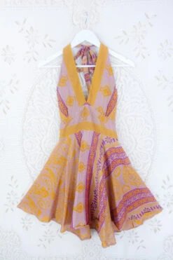 Sydney Mini Halter Dress - Turmeric, Mink & Magenta - Vintage Sari - S/M