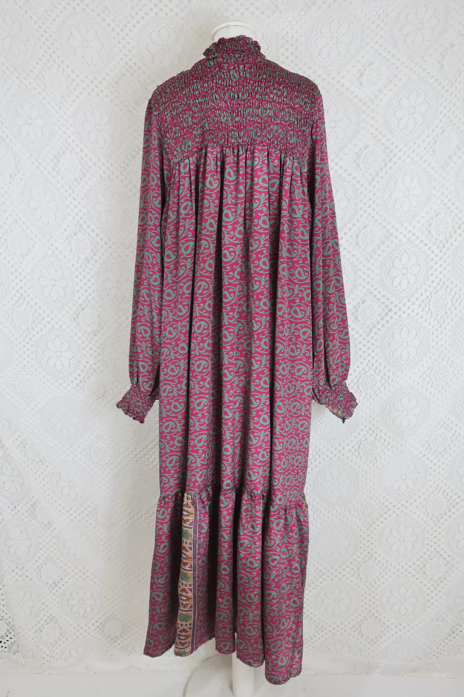 Mona Maxi Dress - Vintage Indian Sari - Magenta Pink & Sage - Free Size 6 Mona Maxi Dress - Vintage Indian Sari - Magenta Pink & Sage - Free Size - Image 6