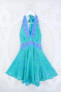 Sydney Mini Halter Dress - Seafoam & Sky Blue Floral - Vintage Sari - XXS