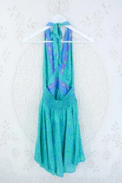 Sydney Mini Halter Dress - Seafoam & Sky Blue Floral - Vintage Sari - XXS -KIKIS Clothing Shop IMG 5369