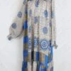 Mona Maxi Dress - Vintage Indian Sari - Beige & Blue Floral - Free Size