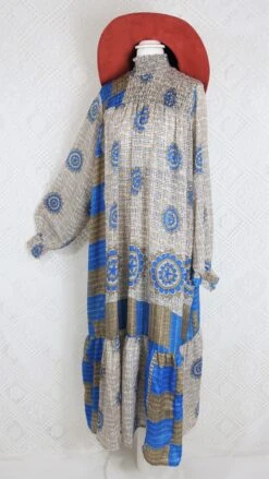 Mona Maxi Dress - Vintage Indian Sari - Beige & Blue Floral - Free Size