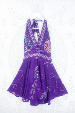 Sydney Mini Halter Dress - Aubergine & Antique Gold Vines - Vintage Sari - XS