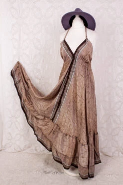 Blossom Halter-Neck Maxi Dress - Dusky Tan & Cocoa Abstract - Free Size M/L