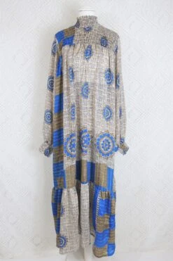 Mona Maxi Dress - Vintage Indian Sari - Beige & Blue Floral - Free Size -KIKIS Clothing Shop IMG 5380bb