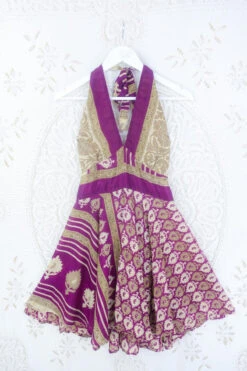 Sydney Mini Halter Dress - Plum & Gold Leaf Paisley - Vintage Sari - M/L
