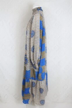 Mona Maxi Dress - Vintage Indian Sari - Beige & Blue Floral - Free Size -KIKIS Clothing Shop IMG 5381b