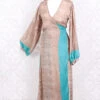 Lola Long Wrap Dress - Vintage Indian Sari - Oat & Sapphire Floral Nouveau - S/M