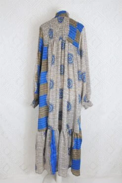 Mona Maxi Dress - Vintage Indian Sari - Beige & Blue Floral - Free Size -KIKIS Clothing Shop IMG 5382b