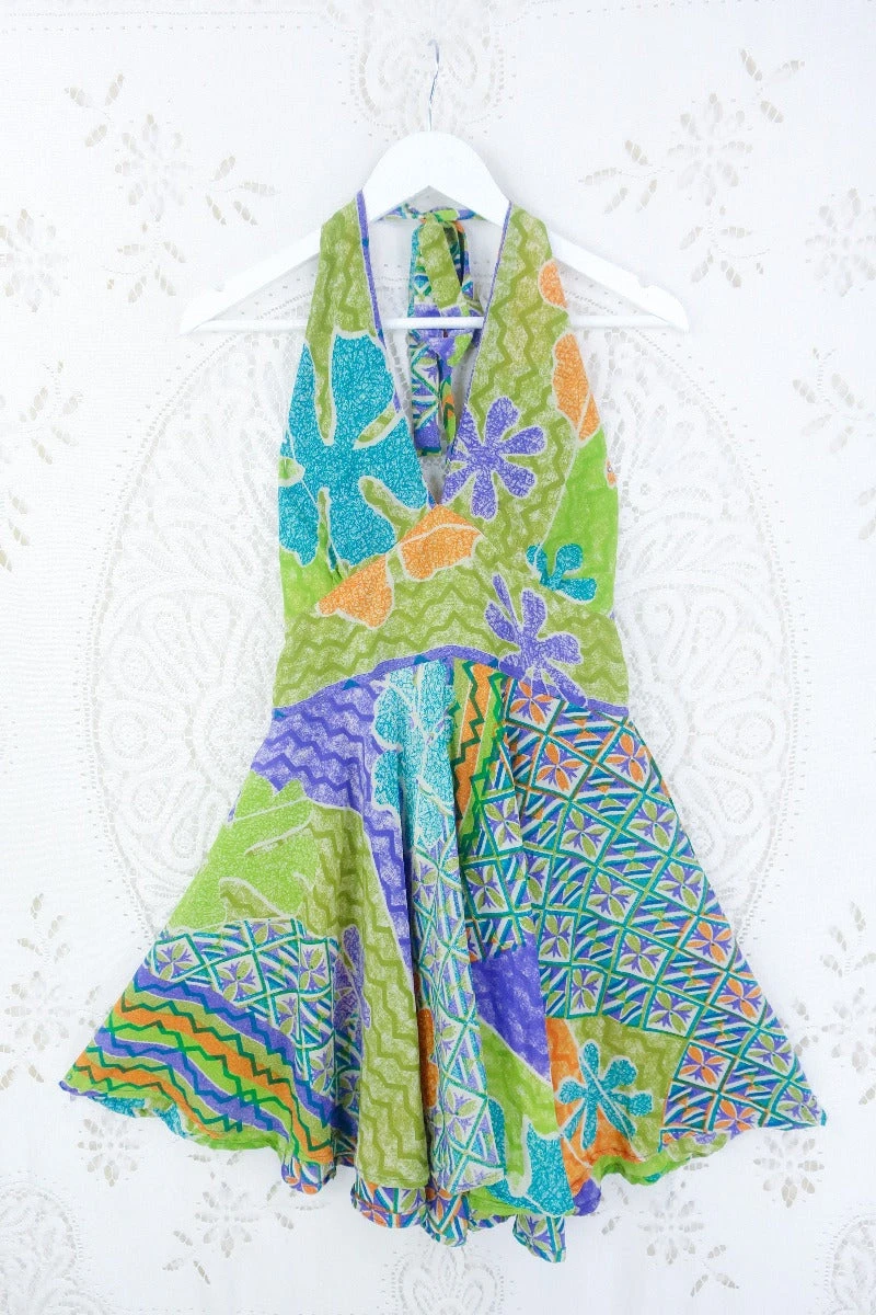 Sydney Mini Halter Dress - Safari Coral Floral - Vintage Sari - XS 1 Sydney Mini Halter Dress - Safari Coral Floral - Vintage Sari - XS