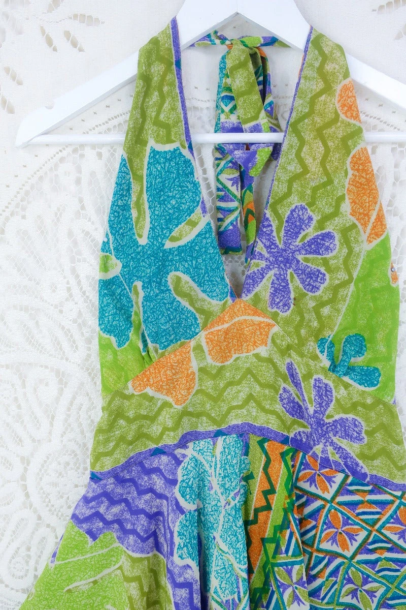 Sydney Mini Halter Dress - Safari Coral Floral - Vintage Sari - XS 2 Sydney Mini Halter Dress - Safari Coral Floral - Vintage Sari - XS - Image 2