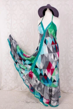 Blossom Halter-Neck Maxi Dress - Vibrant Geometric Graphic Print - Free Size S/M